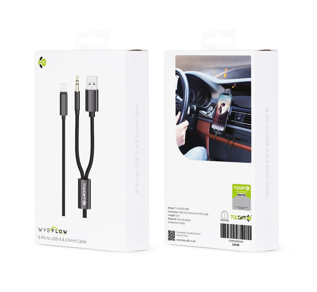 WYEFLOW 8-Pin to USB-A & 3.5mm Cable