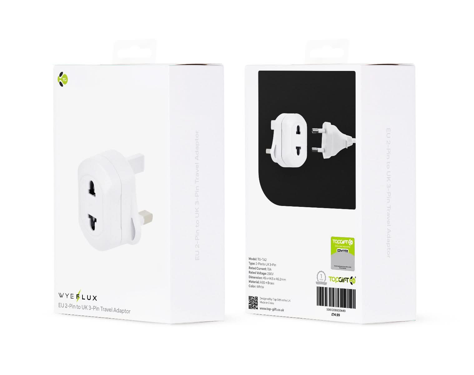 WYEFLUX EU 2-Pin to UK 3-Pin Travel Adapter