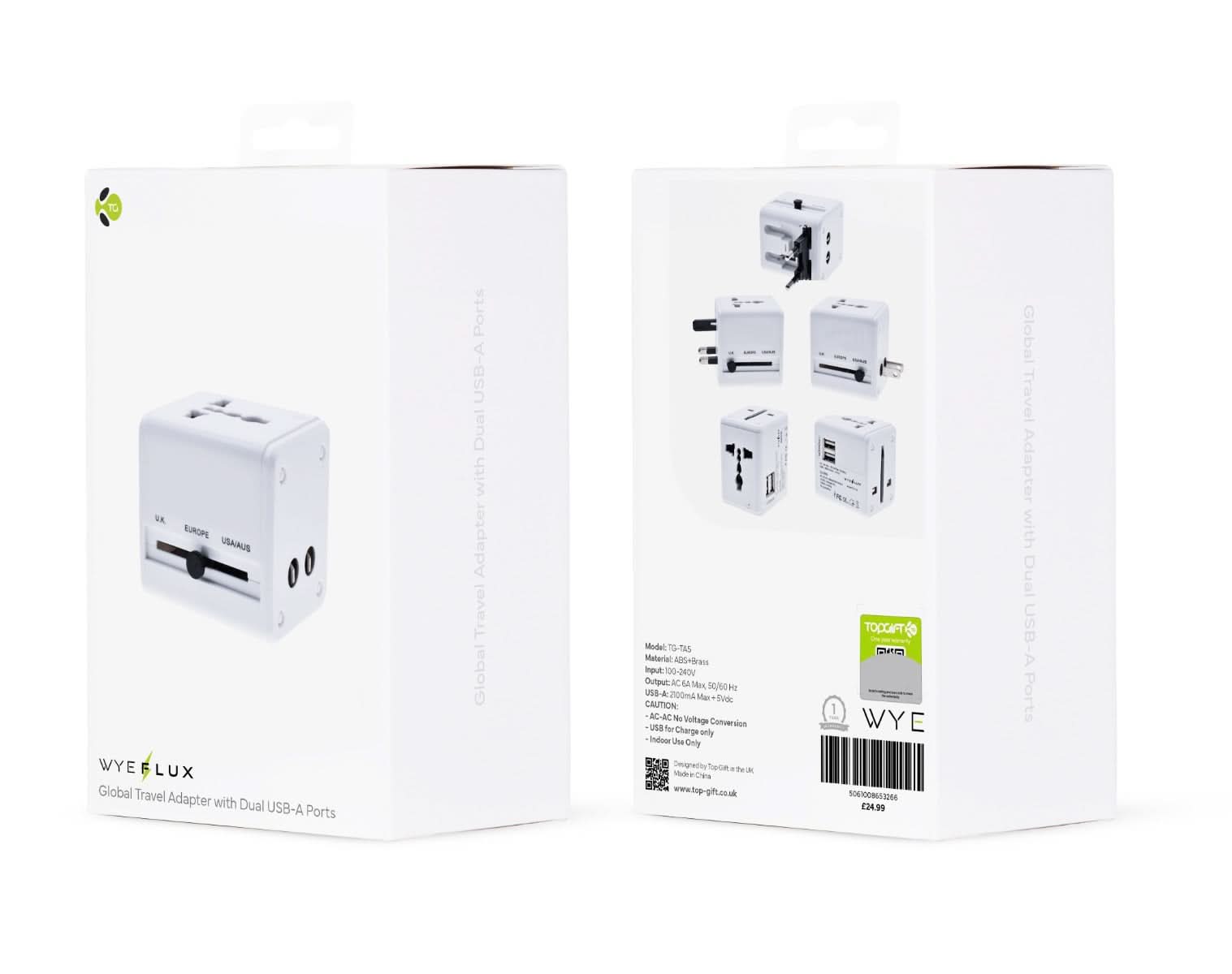 WYEFLUX Global Travel Adapater With Dual USB-A Ports