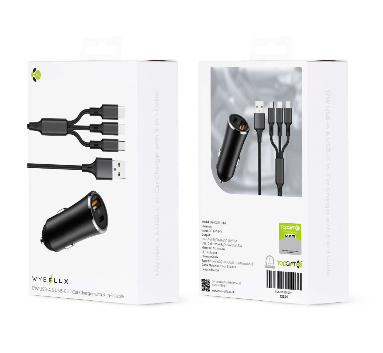 WYEFLUX 17W USB-A & USB-C In-Car Charger With 3-In-1 Cable