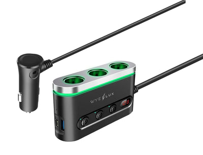 WYEFLUX 120W In-Car Charger with 3 x Cigarette Lighter Sockets + USB-A & USB-C Ports