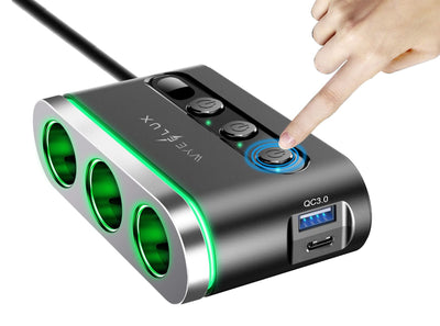 WYEFLUX 120W In-Car Charger with 3 x Cigarette Lighter Sockets + USB-A & USB-C Ports
