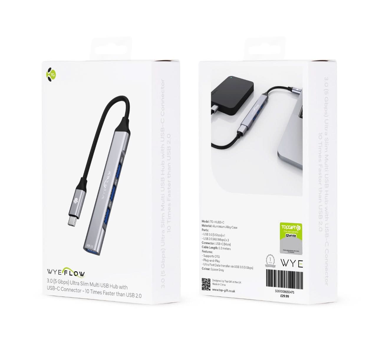WYEFLOW 3.0 (5 Gbps) Ultra Slim Multi USB Hub with USB-C Connector 10 Times Faster than USB 2.0