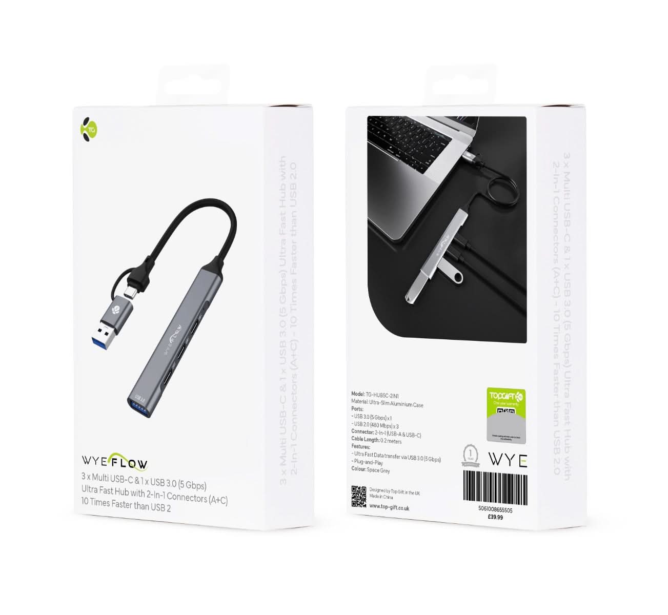WYEFLOW 3 x Multi USB-C & 1 x USB 3.0 (5 Gbps) Ultra Fast Hub with 2-In-1 Connectors (A+C) 10 Times Faster than USB 2.0